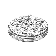 Hand-drawn sketch style vegetarian pizza on a wooden plate  isolated on white background. Fast food vintage illustration. Element for the design of labels, packaging and postcards.