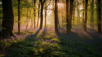 Captivating Sunrise Illuminates Bluebell Woodland in Spring
