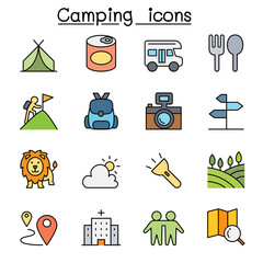 Camping & Hiking color line icon set