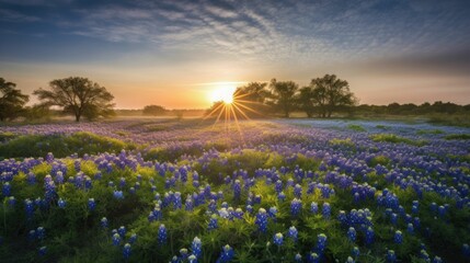 Texas Bluebonnet Spring: A Vibrant Wildflower Field at Sunrise - obrazy, fototapety, plakaty