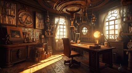 Fototapeta na wymiar Steampunk-inspired Study Room with Vintage Charm and Industrial Accents