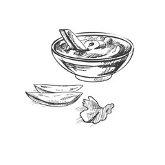 Hand-drawn sketch of french fries potato with tomato sauce isolated on white background. Fast food illustration. Vintage drawing. Element for the design of labels, packaging and postcards.