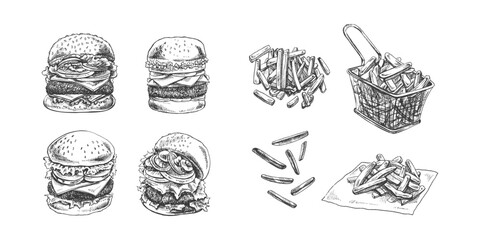 Burgers and potato french fries set. Hand drawn sketch of different burgers and french fries. Fast food retro vector illustrations collection isolated on white background. Vintage illustration. 