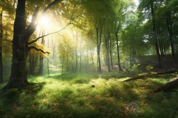 Sunlit Forest: A Serene Morning Amidst Lush Greenery and Trees