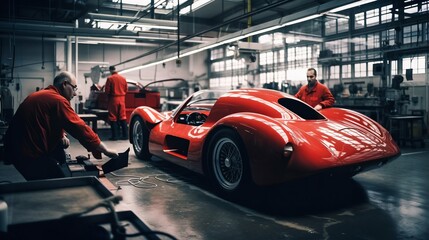 Plakat Factory construction engineering works of a modern red sport car in big workshop. Generative AI