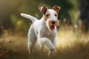 Fox terrier running through a field. Generative AI.