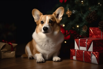 Corgi near the Christmas tree with gifts. Generative AI.