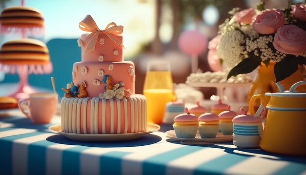 A playful and whimsical table adorned with playful decor and sweet treats, perfect for a child's birthday - ai generated Generative AI