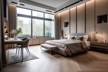 Modern contemporary loft bedroom | Luxurious large bedroom | Luxury double bedroom with golden furniture in royal interior | Luxurious bedroom with gilt double bed and bedside tables, Generative AI