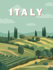 Fototapeten Countryside summer Italy landscape, fields, vineyard and trees in the background Vector illustration. Romantic flat design poster. European summer travel poster. © Alex_Zakharov