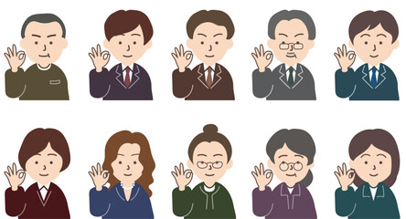 スーツを着た男性と女性人物のアイコンセット_OKサイン
