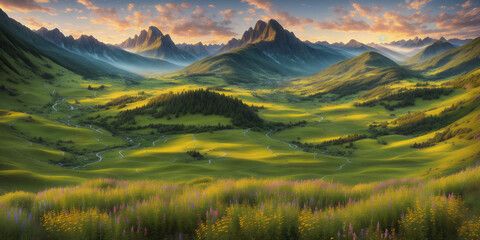 Fototapeta na wymiar Beautiful summer mountain landscape at sunset. Illustration with mountains, trees, flowers, sky with clouds and setting sun. Green valley with forests, groves and small streams. Generative AI