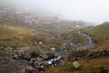 an old highland house in the fog on the black sea highlands