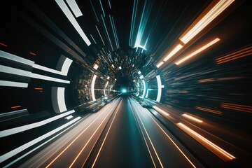 Futuristic Space Warp Tunnel Captured Through 18mm Lens with Vibrant Colors and Dynamic Shutter Speed