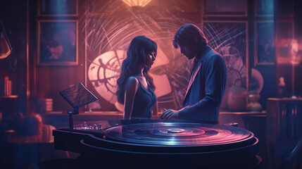 Fototapeta na wymiar portrait of a young couple listening to a vinyl record in a restaurant, club. Girl with a man in a vintage room, playing classical music for love. Generative AI.