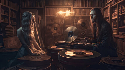 portrait of a young couple listening to a vinyl record in a restaurant, club. Girl with a man in a vintage room, playing classical music for love. Generative AI.