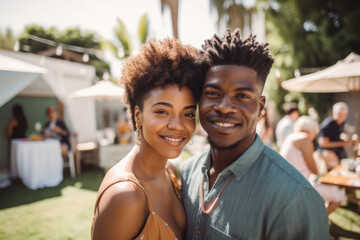 Portrait of young black couple at family gathering event.  Generative AI. 