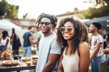 Portrait of young black couple at family gathering party having fun in backyard. Generative AI. 