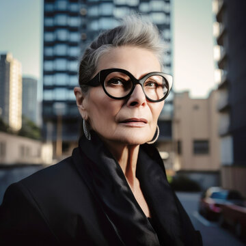 Portrait of senior mature woman CEO businesswoman in city outdoors. Generative AI. 