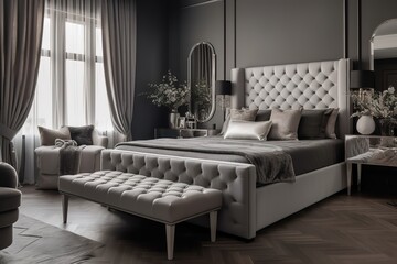 interior of modern bedroom | Luxury bedroom with golden furniture in royal interior | Interior of a hotel bedroom in the morning | Modern bedroom interior with concrete walls, Generative AI