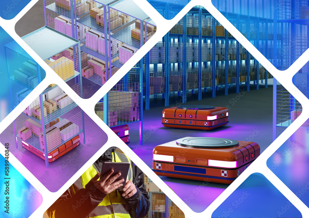 Poster warehouse automation. autonomous warehouse equipment. agv carts. robots for moving racks. automated 