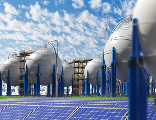 Hydrogen energy company. Factory with spherical gas tanks. Solar panels waters blue sky. Tanks for...