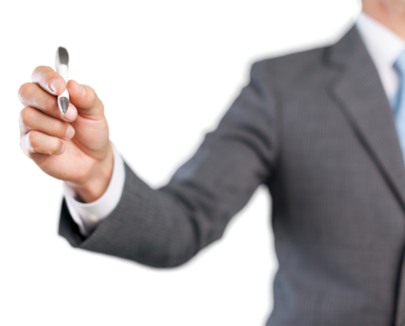 Businessman hand writing isolated on white