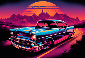 Obraz na płótnie Canvas Classic Car Synthwave Sunset - Generative Ai