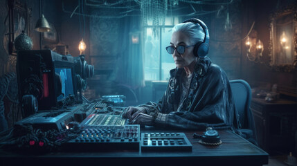 Obraz na płótnie Canvas portrait of dj granny in retro headphones in recording studio, vintage woman in room, steampunk granny broadcasts on radio. Generative AI.