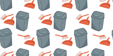 Seamless pattern with trash can, plastic broom and dustpan, vector illustration
