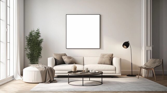 Contemporary Living Room with Plain White Picture Frame - Perfect for Customizable Mockups and Graphic Design Projects