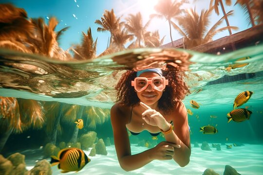 KI generated, Beautiful woman diving in Caribbean Ocean over coral reef