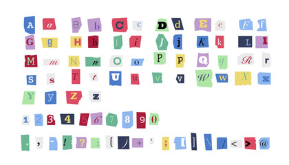 Anonymous alphabet. Old retro lowercase and uppercase alphabet. Colored vintage type characters, retro cutout mixed characters for collage. Vector set
