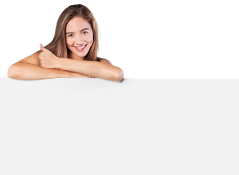 Smiling woman with blank on background