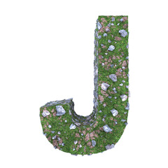 Letter J made from ground, grass and stones on transparent background