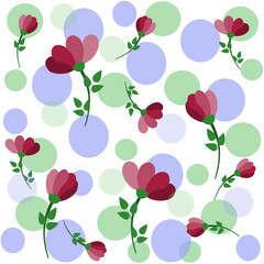 Delicate spring pattern with red flowers and blue and green circles for fabric, wallpaper, textile design