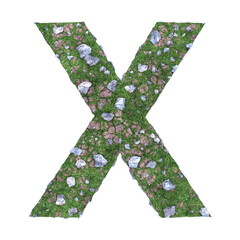 Letter X made from ground, grass and stones on transparent background