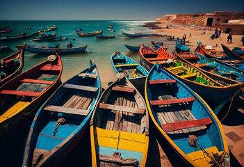 Fototapeta na wymiar Colorful pirogue boats used by fishermen standing in the bay of Ngor, Dakar, Senegal on a sunny day. Generative AI