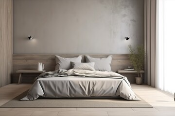 Modern bedroom interior with empty black wall 3d rendering image.There are minimalist style decorate room with black furniture,floor,wall. High quality illustration, Generative AI