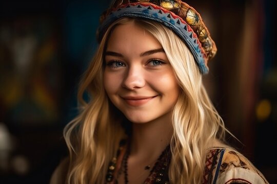 portrait of stunning teen girl from Brazil with Blonde hair and hazel eyes in traditional clothes from Brazil. Smiling. generative AI