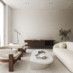 White living room interior with sofa and armchairs, coffee table with books and decoration dark wooden commode. Mock up copy space wall. 3d rendering. High quality 3d illustration © Viktoria Kovalchuk