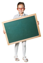 Little Girl holding chalk board isolated on white background