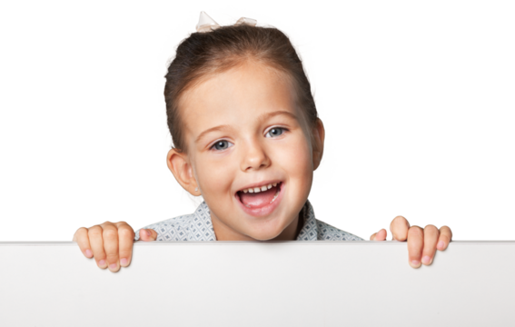 Little smiling girl with white blank close up on  background