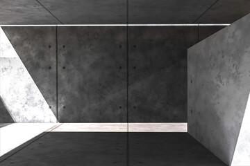 Abstract empty modern concrete interior with indirect lighting back, corner and rough floor. Interiors. 3d render.