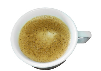 Top view of isolated white mug with cappuccino