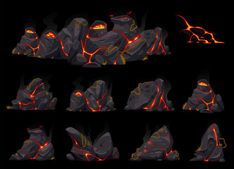 Vector cartoon illustration set of lava stones, blocks, bricks, rocks with hot fire lava flows, blocks for game levels, background textures, isolated on black background