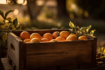 Wooden box with delicious ripe orange fruits in orange garden. Based on Generative AI