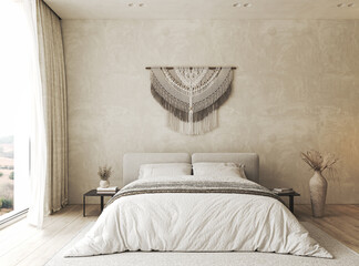 Bedroom interior mockup in boho style with fringed blanket, pillows, white bedding, dried pampas grass, basket lamp and curtain. 3d rendering. High quality 3d illustration © Viktoria Kovalchuk