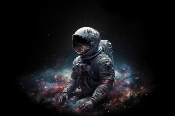 Naklejka premium AI generated image of an astronaut sitting in space meditating