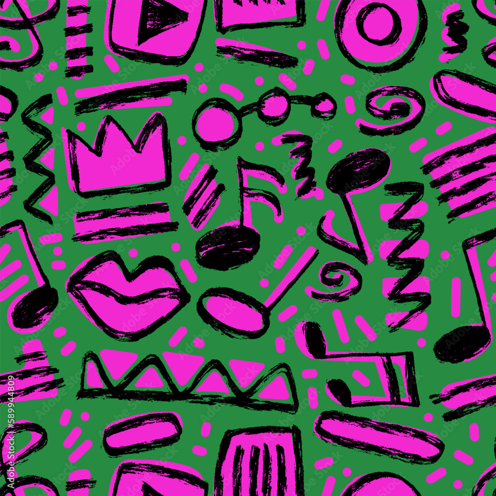 Poster vector seamless pattern. repeatable backdrop with hand drawn music notes. bright color wallpaper wit